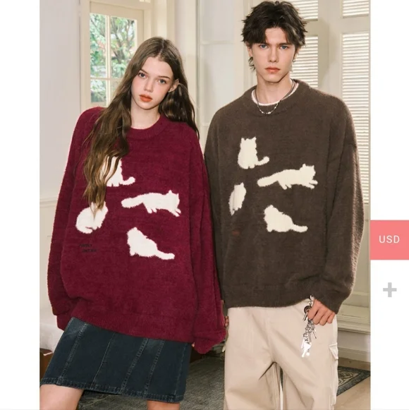 NARTALIY Gray Black Cat Mohair Sweater Unisex American Retro Loose Fit Size XS. - Picture 11 of 12